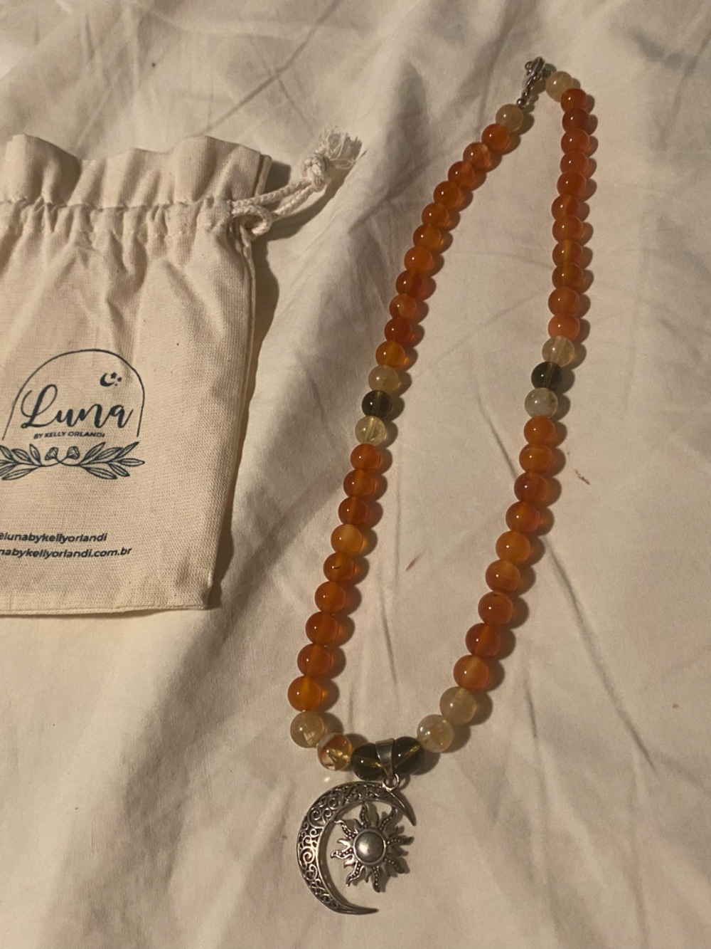Luna Crystal Necklace w/ Sterling Silver Sun & Moon Pendant Brazilian Carnelian